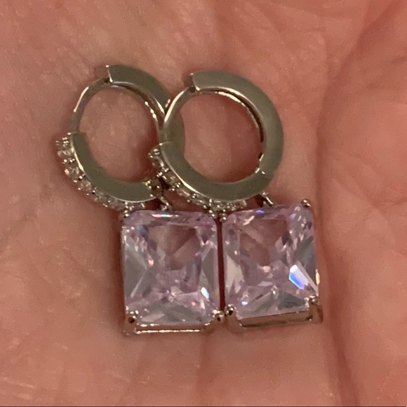 Sapphire Square Huggie Hoop Drop Earrings - Picture 4 of 5